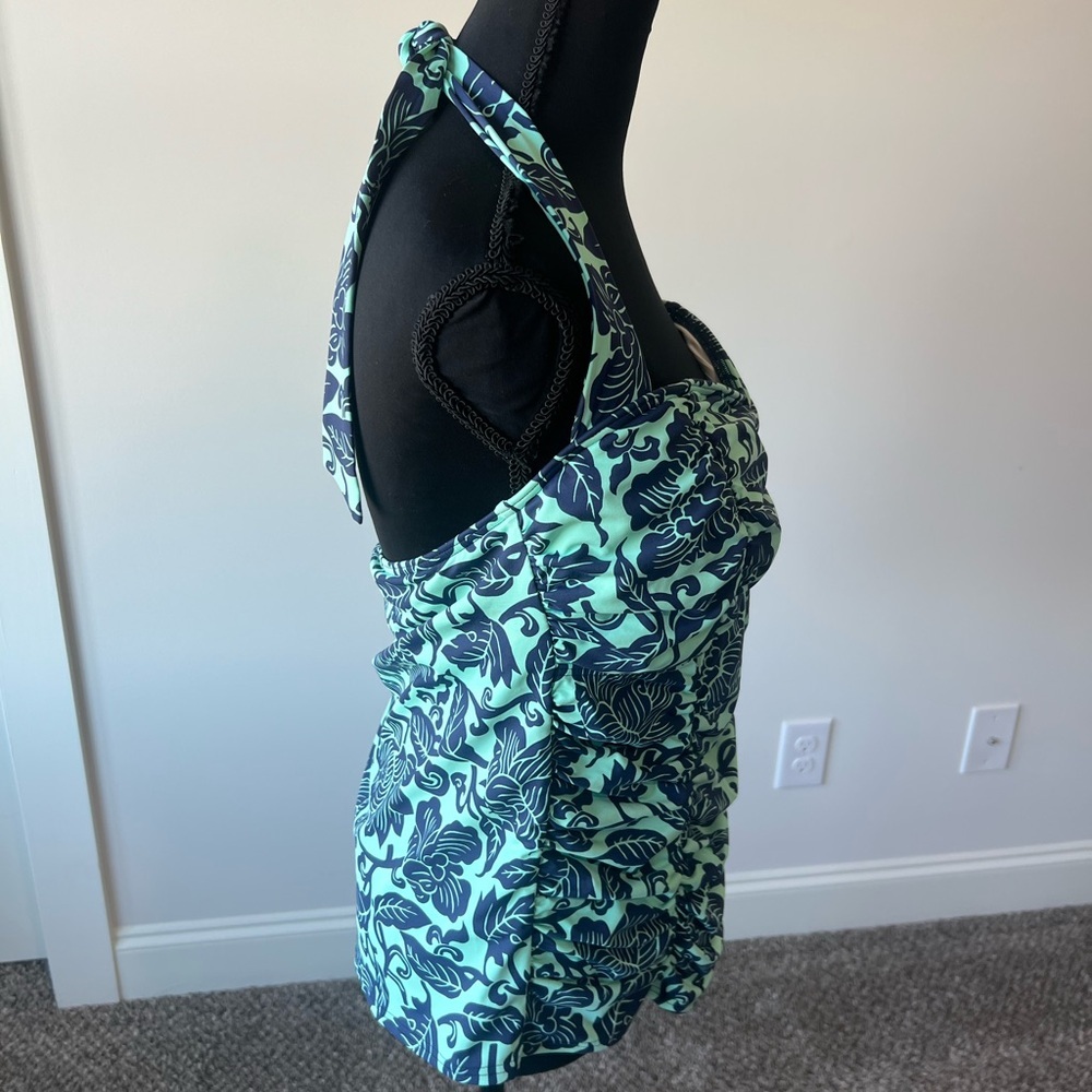 Lands' End Mint green and Navy Floral Swimsuit Halter Top Size 14 - Picture 4 of 8